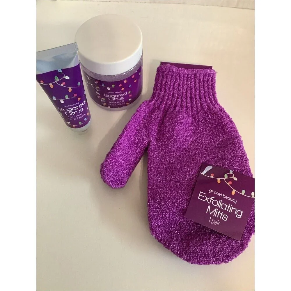 Groovi Beauty Sugared Citrus Bundle 3pcs (Hand Cream,Exfoliating Mitts & Scrub)